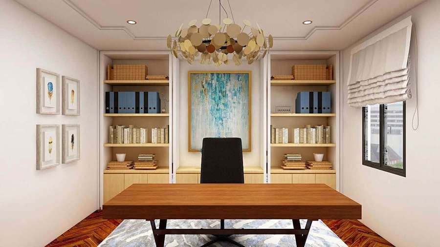Modern home office with wooden desk bookshelves and abstract art on wall. — Virtual Office Background