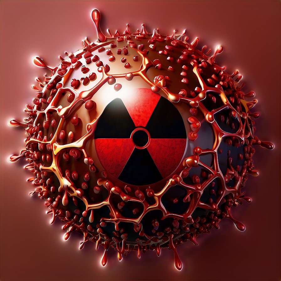 Glossy red virus with radioactive symbol glowing against maroon background — Virus PNG