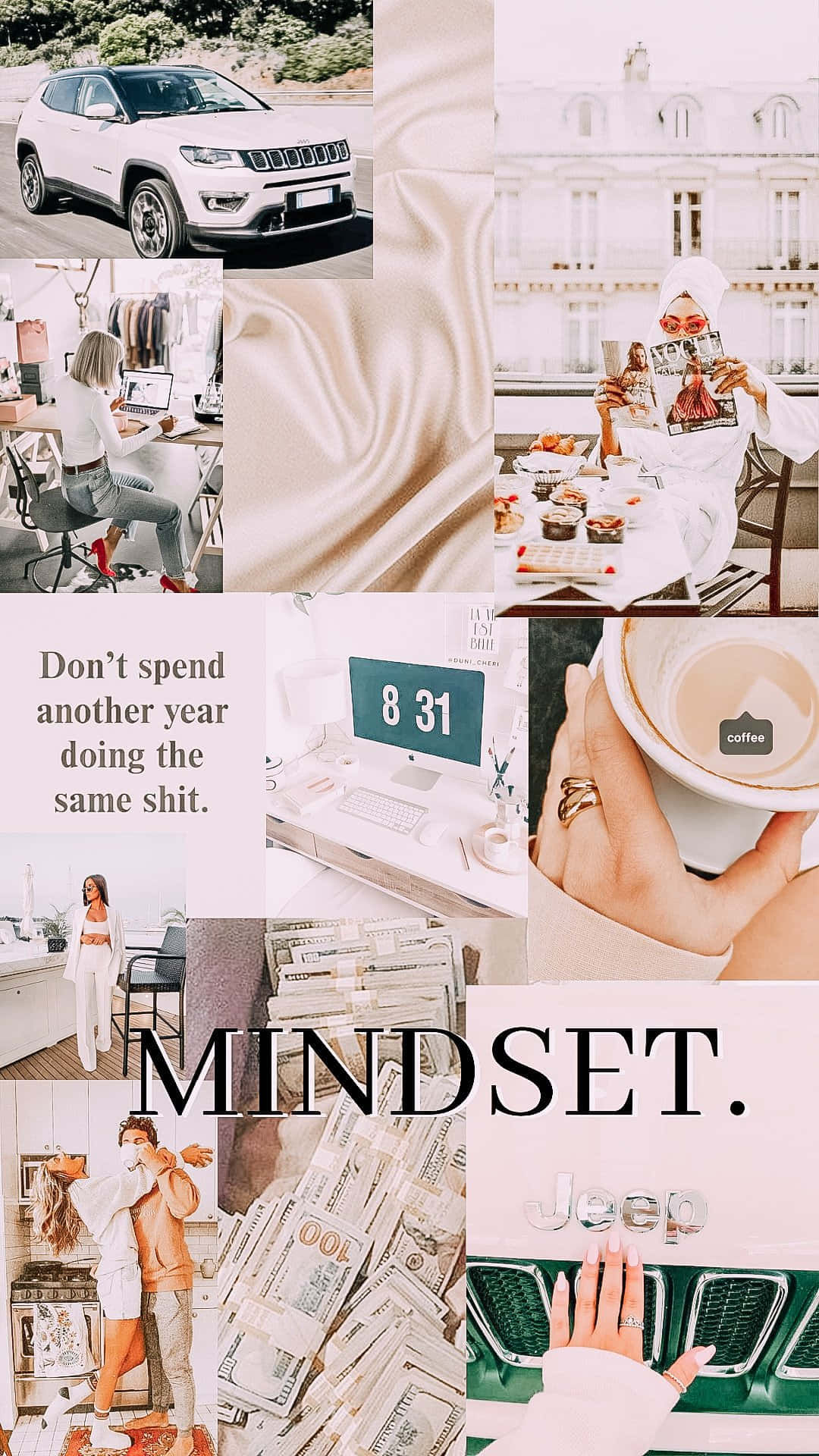 Motiverende collage med Jeep, kaffe, penger og livsstilsøyeblikk som fremmer mindset. — Visjonsbrett Bakgrunner