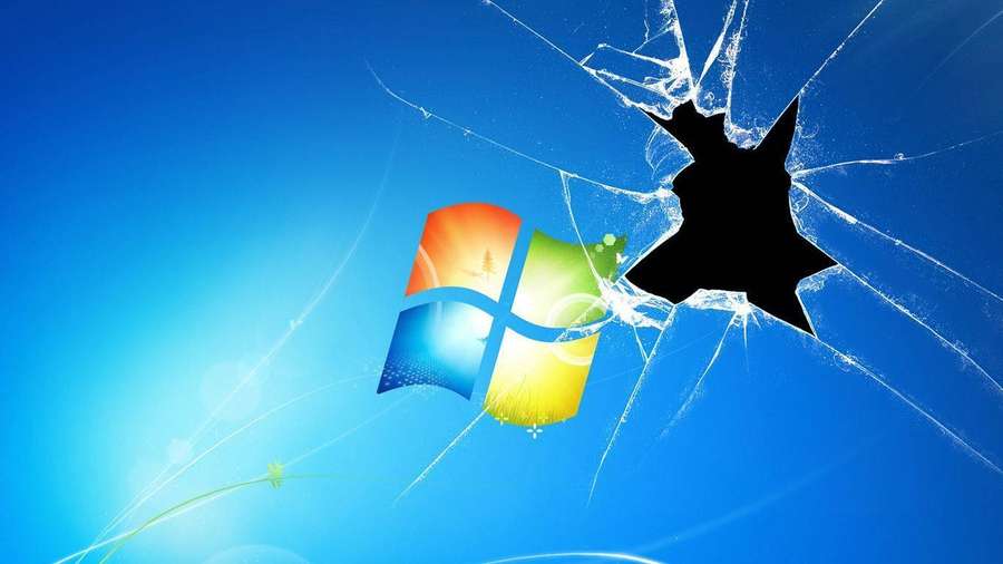 Windows-Logo sichtbar durch zerbrochenes Glas auf blauem Hintergrund — Vista Bilder