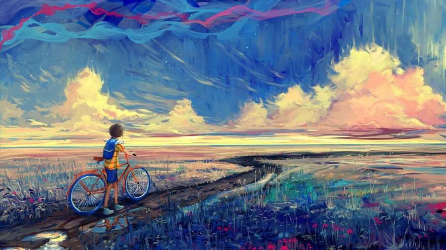 Child with bicycle standing in field watching colorful sunset sky — Visual Art Wallpaper
