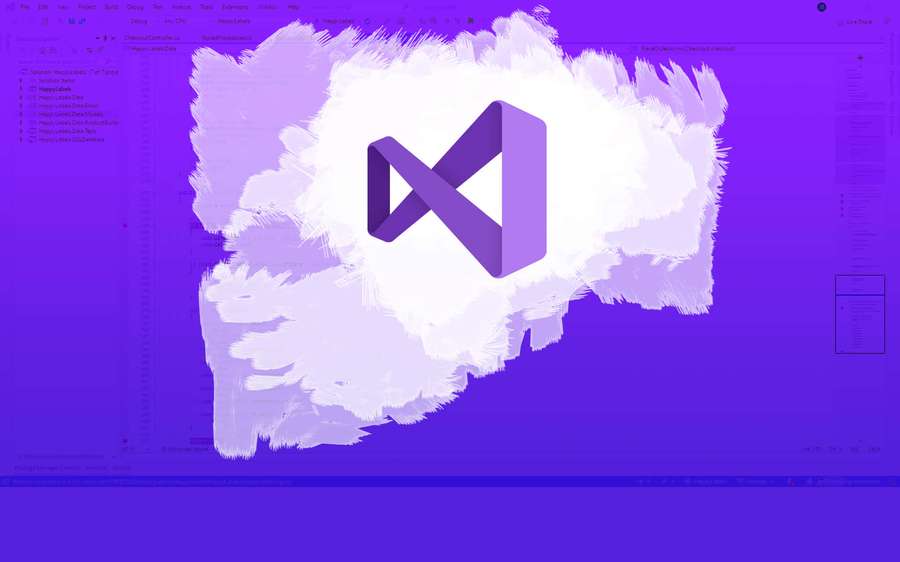 Visual Studio Code logo with white brushstroke on purple digital background — Visual Studio Wallpaper