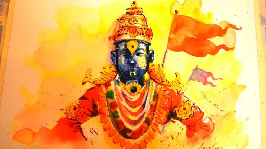 Blue-skinned deity in ornate golden crown and red robes holding flags in watercolor style. — Vitthal Wallpaper