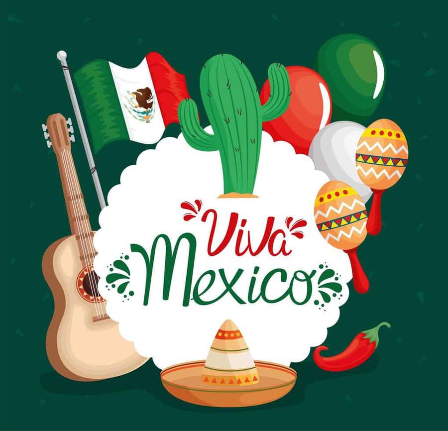 Viva Mexico festive illustration with guitar cactus maracas sombrero and chili. — Viva Mexico Wallpaper