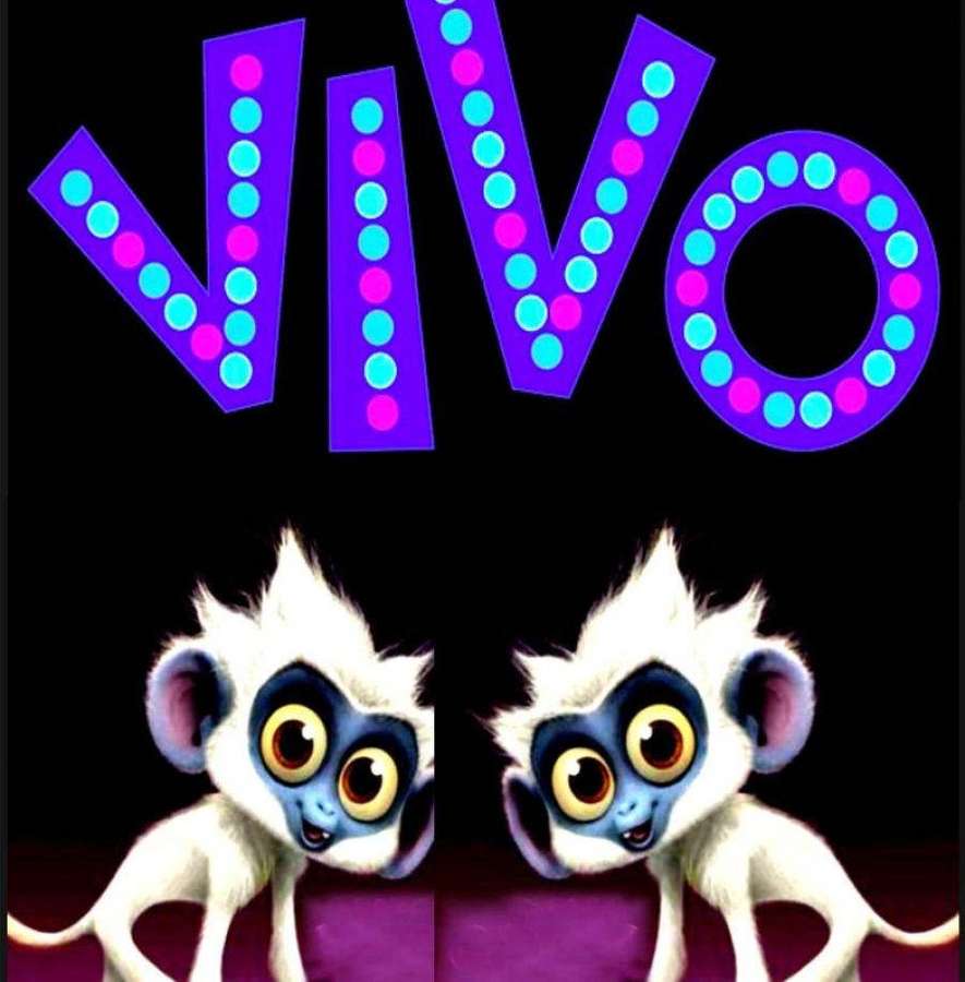 Two cartoon monkeys looking up at glowing neon VIVO letters. — Vivo Background