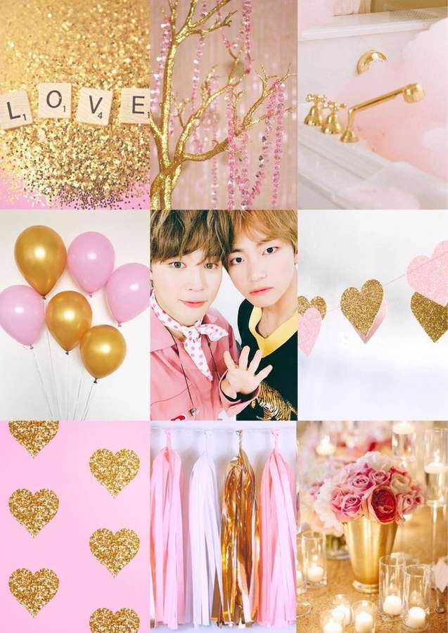 Rosa und goldene Valentinstag-Dekorationen mit Luftballons, Herzen und einem Foto von zwei Personen. — Vmin Bilder