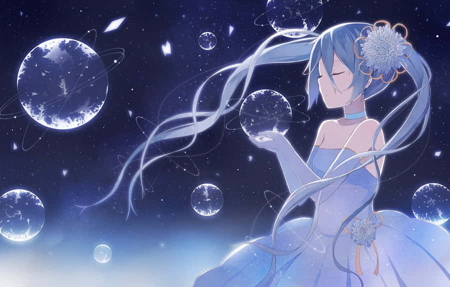 Anime-Mädchen mit blauen Haaren schwebt zwischen leuchtenden Kugeln in einer sternenklaren kosmischen Umgebung. — Vocaloid Bilder