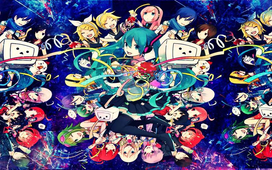 Anime-hahmot juhlivat nauhojen ja tietokonenäyttöjen kanssa kosmista sinistä taustaa vasten. — Vocaloid Taustakuvat
