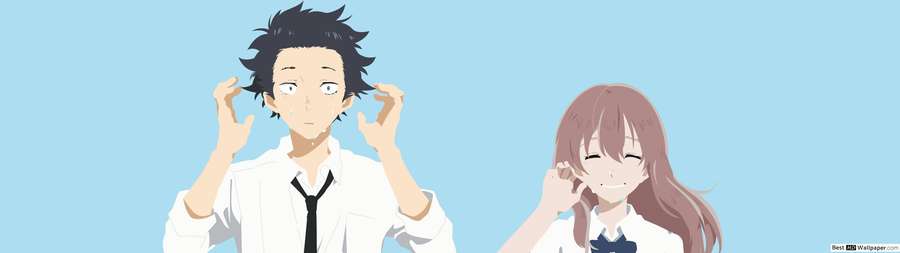 To anime-studerende i skoleuniformer justerer deres ører på en blå baggrund — Voice Wallpapers