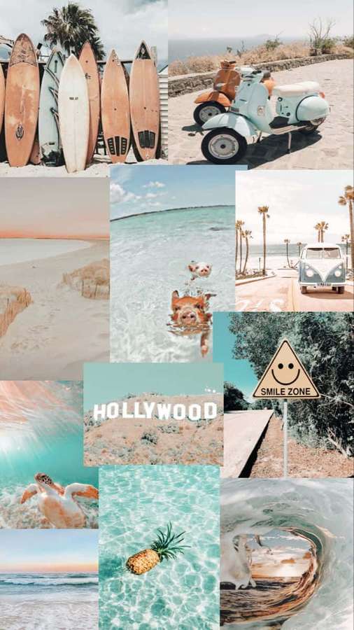 Eine farbenfrohe Strand-Collage mit Surfbrettern, Rollern und Meereszenen. — Vorstand Wallpaper