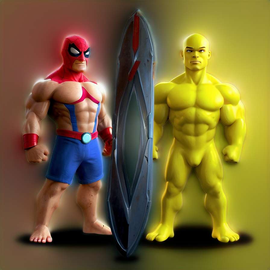 Two muscular superheroes stand facing each other across a glowing shield. — Vs PNG