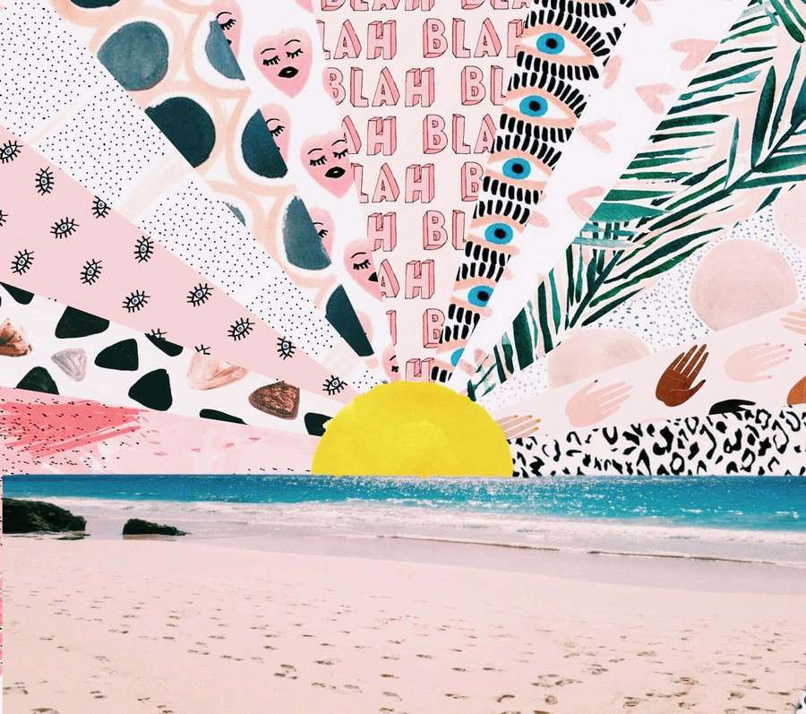 Ein stilisierter Strandsonnenuntergang mit abstrakten Mustern aus Herzen, Augen und Palmblättern. — Vsco Bilder