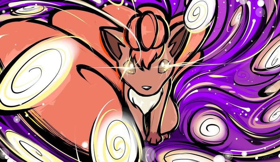 Ein feuriges Fuchs-Pokémon, umgeben von wirbelnder lila und oranger Energie im Anime-Stil. — Vulpix Wallpaper