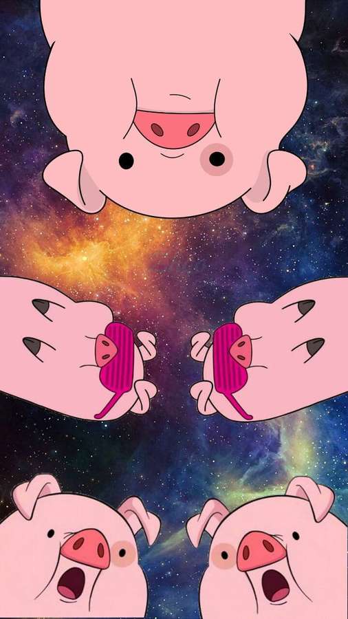 Fem tegneseriegrise flyder i en levende stjernespækket rumtåge. — Waddles Wallpapers