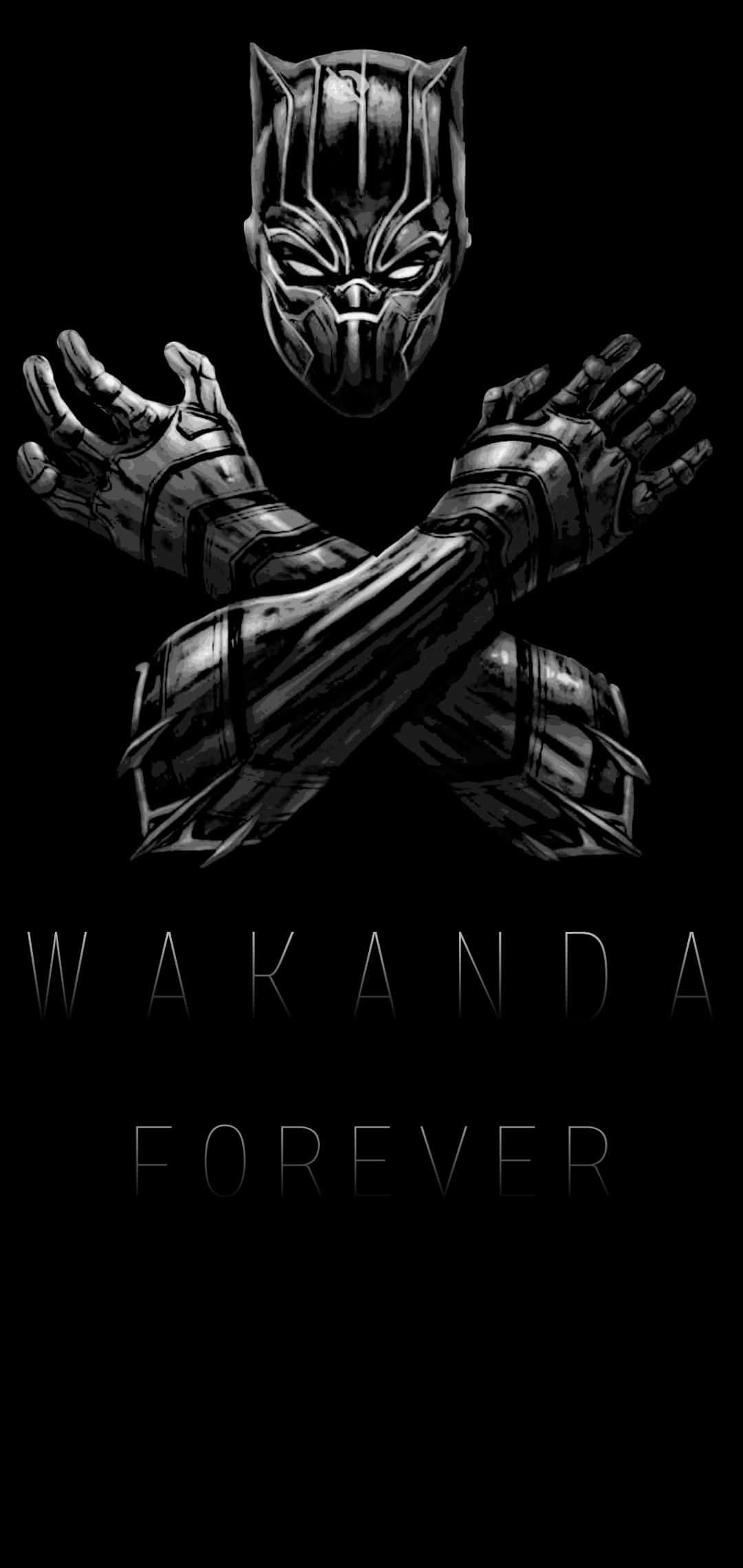 Black Panthers maskiertes Gesicht und verschränkte Arme mit Wakanda Forever Text. — Wakanda Bilder