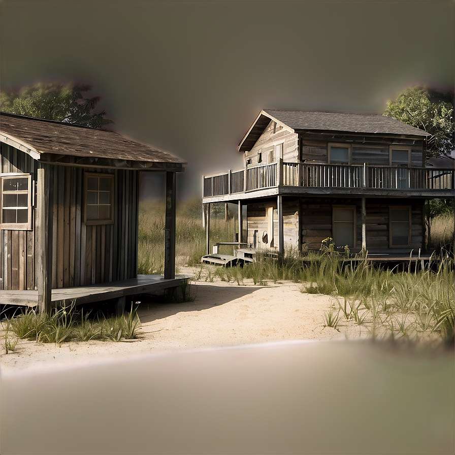 Two old wooden cabins in a grassy field at dusk — Walking dead Wallpaper