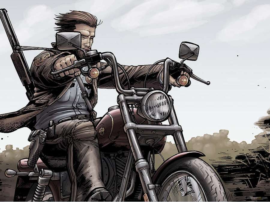 A biker with a rifle rides a motorcycle through a barren wasteland. — Walking Dead Daryl Background