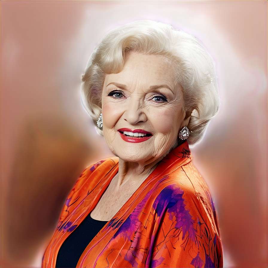 Elegant elderly woman with white hair and red lipstick smiles warmly in a vibrant orange and purple patterned shawl. — Wanda Maximoff PNG