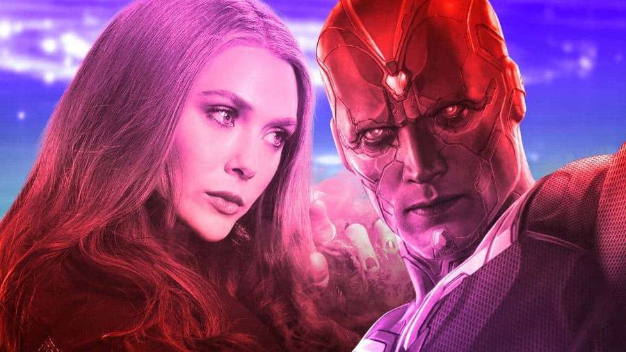 Wanda Maximoff und Vision in einer angespannten kosmischen Konfrontation mit roter und violetter Beleuchtung. — Wanda Vision Wallpaper