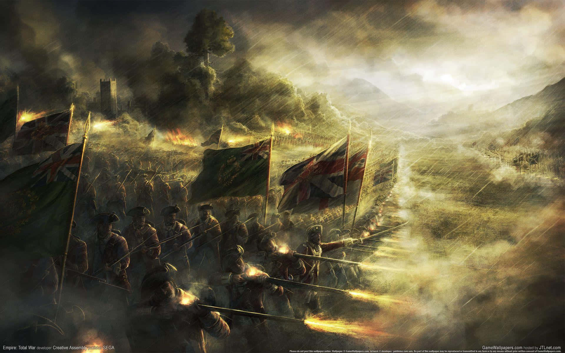 Soldater marcherer på en stormfuld slagmark med brændende flag og røg. — War Wallpapers