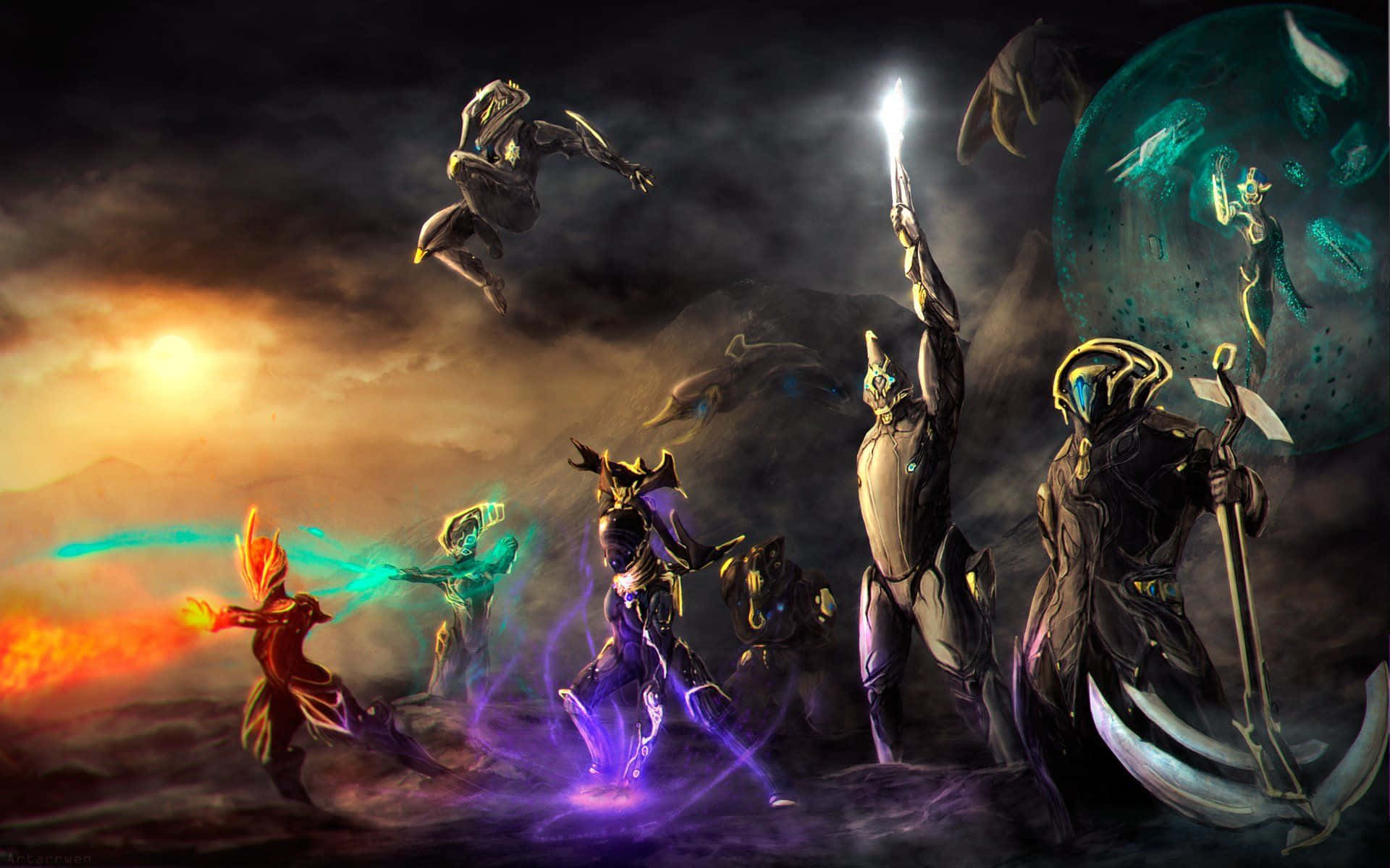 Fantasy warriors in glowing armor battle with energy weapons under a stormy sky. — Warframe Background