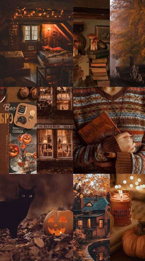 Gemütliche herbstliche Halloween-Collage mit Kürbissen, Kerzen und warmen Innenszenen. — Warm Hintergrund Hintergrundbild