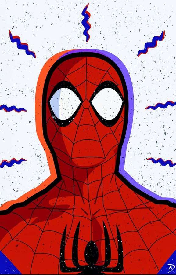 Spider-Man in rotem Anzug mit weißen Augen und blauen Wellenlinien auf gesprenkeltem Hintergrund. — Warnung Hintergrund Wallpaper