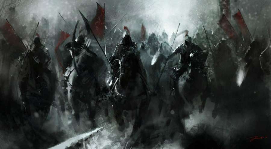 Armored knights on horseback charge through a stormy battlefield with red banners. — Warrior HD Wallpaper