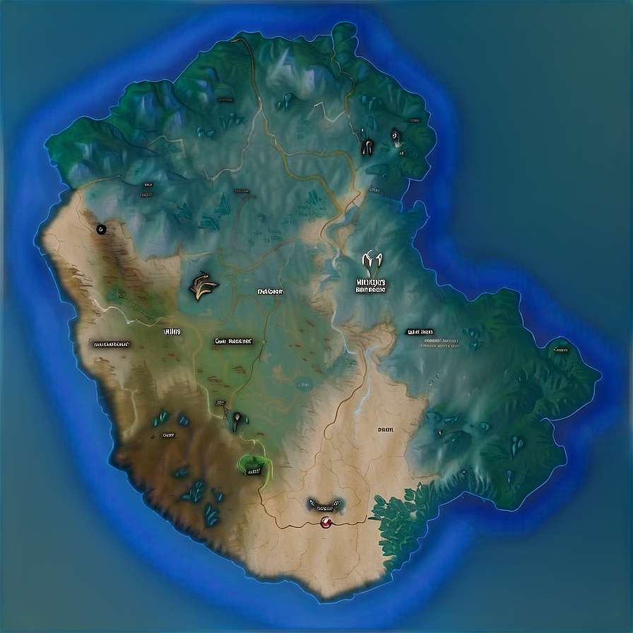 Fantasy game world map showing terrain and locations on an island. — Warzone PNG