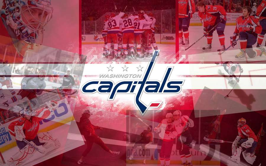Washington Capitals Eishockeyteam Actionaufnahmen mit Logoüberlagerung. — Washington Capitals Wallpaper