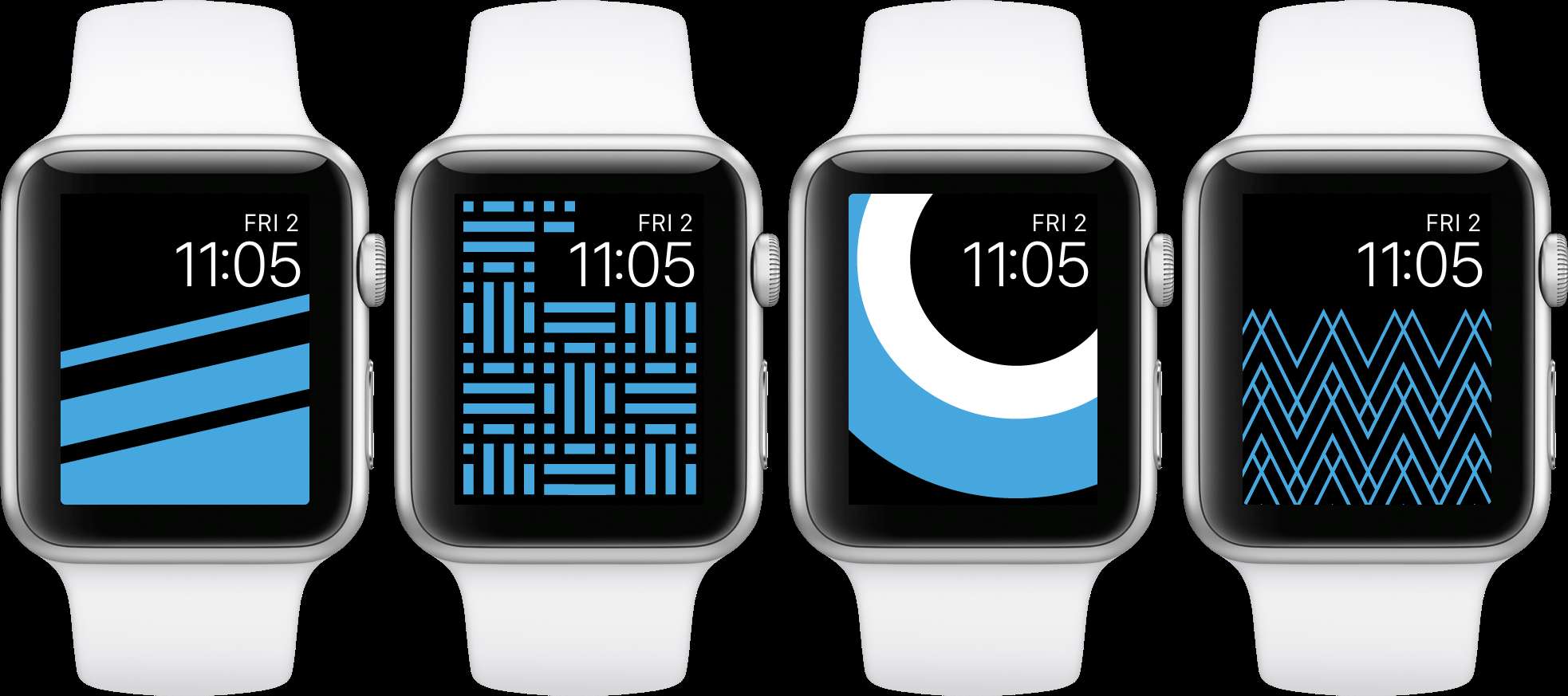 Four smartwatches showing different blue geometric watch faces. — Watch Background