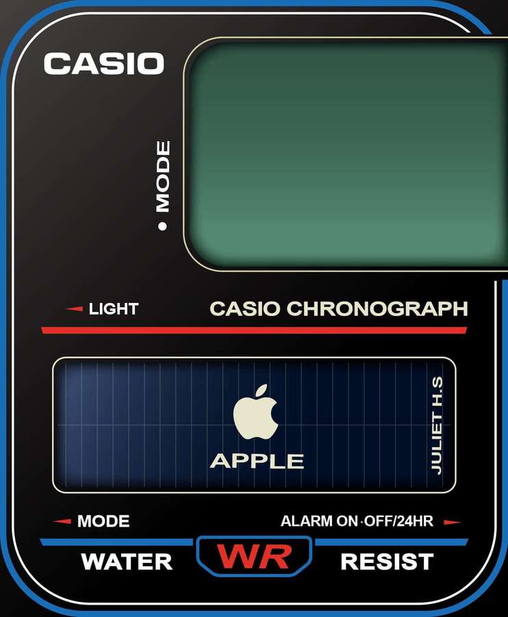 Digital watch face with Casio and Apple branding and water resistance features. — Watch Faces Background