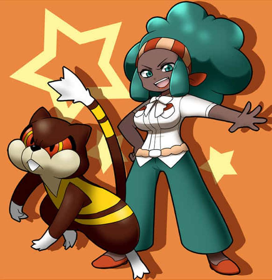 Anime girl and her Pokémon partner posing with stars behind them. — Watchog Wallpaper