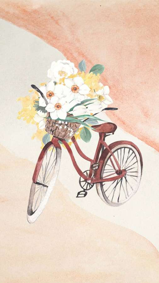 Red bicycle with basket of white and yellow daffodils on soft watercolor background. — Watercolor Phone Wallpaper