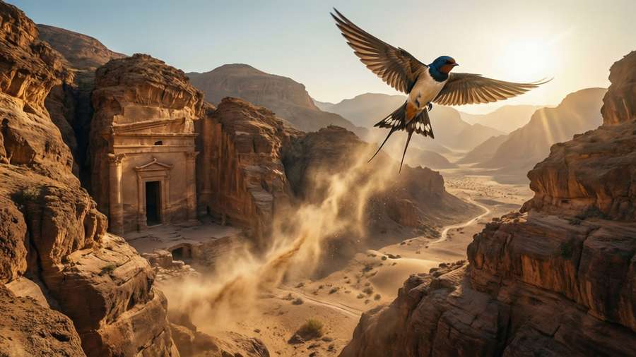 Wave the Swallow explores ancient ruins in a vast desert canyon. — Wave The Swallow Picture