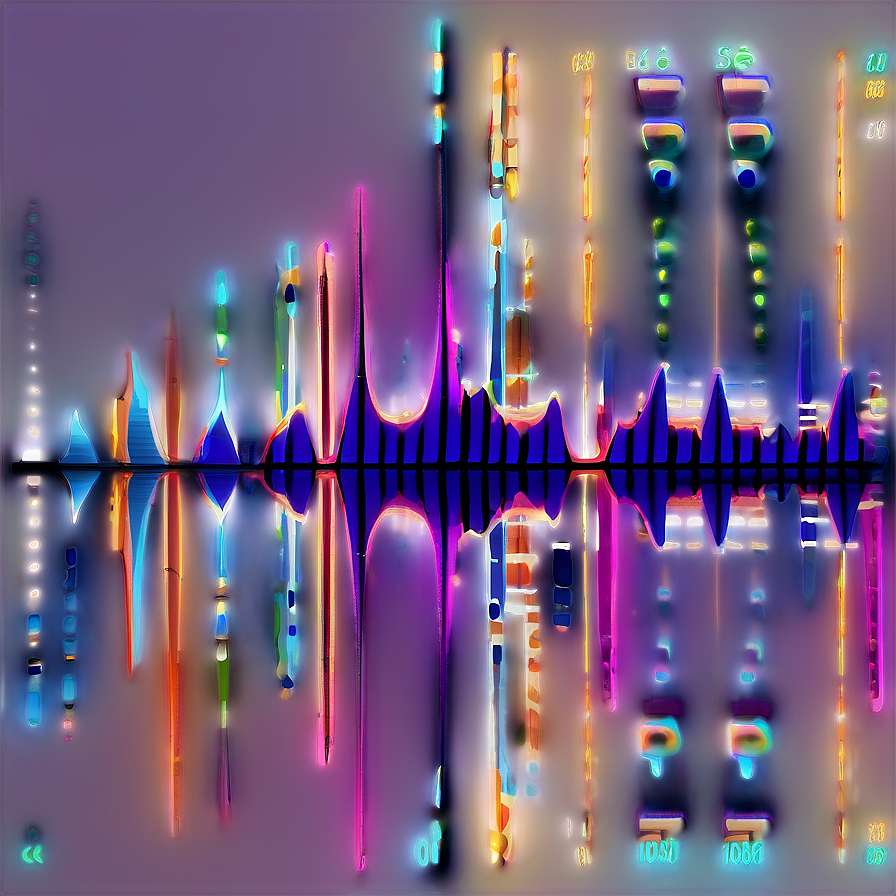 Abstract digital soundwave with neon lights and mirrored reflections on purple background. — Waveform PNG