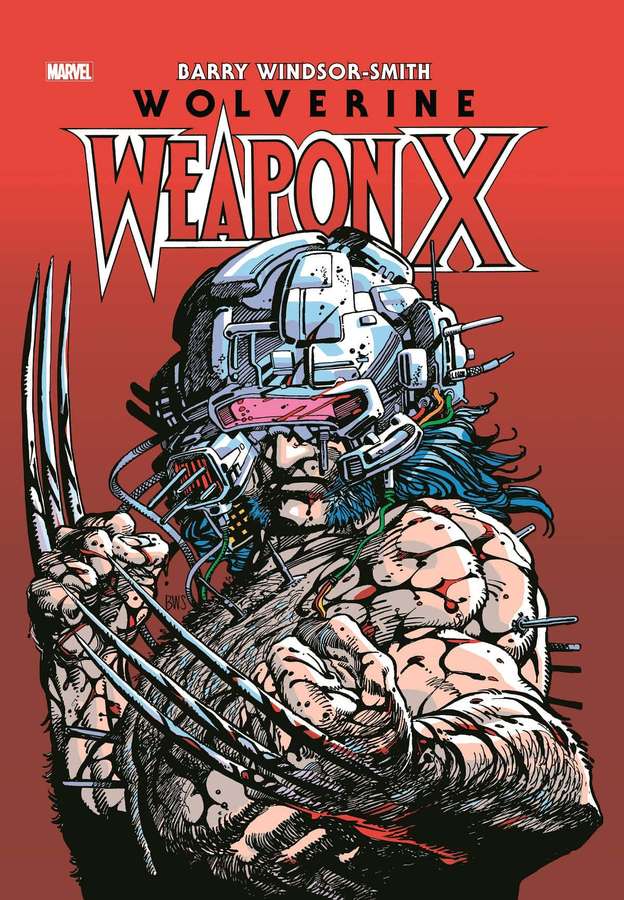 Wolverine con casco cibernético y garras extendidas sobre fondo rojo. — Weapon X Fondos de pantalla
