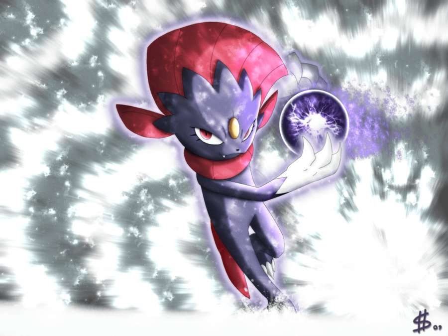 A purple and red anime Pokémon generates a glowing purple energy ball in a stormy sky. — Weavile Background