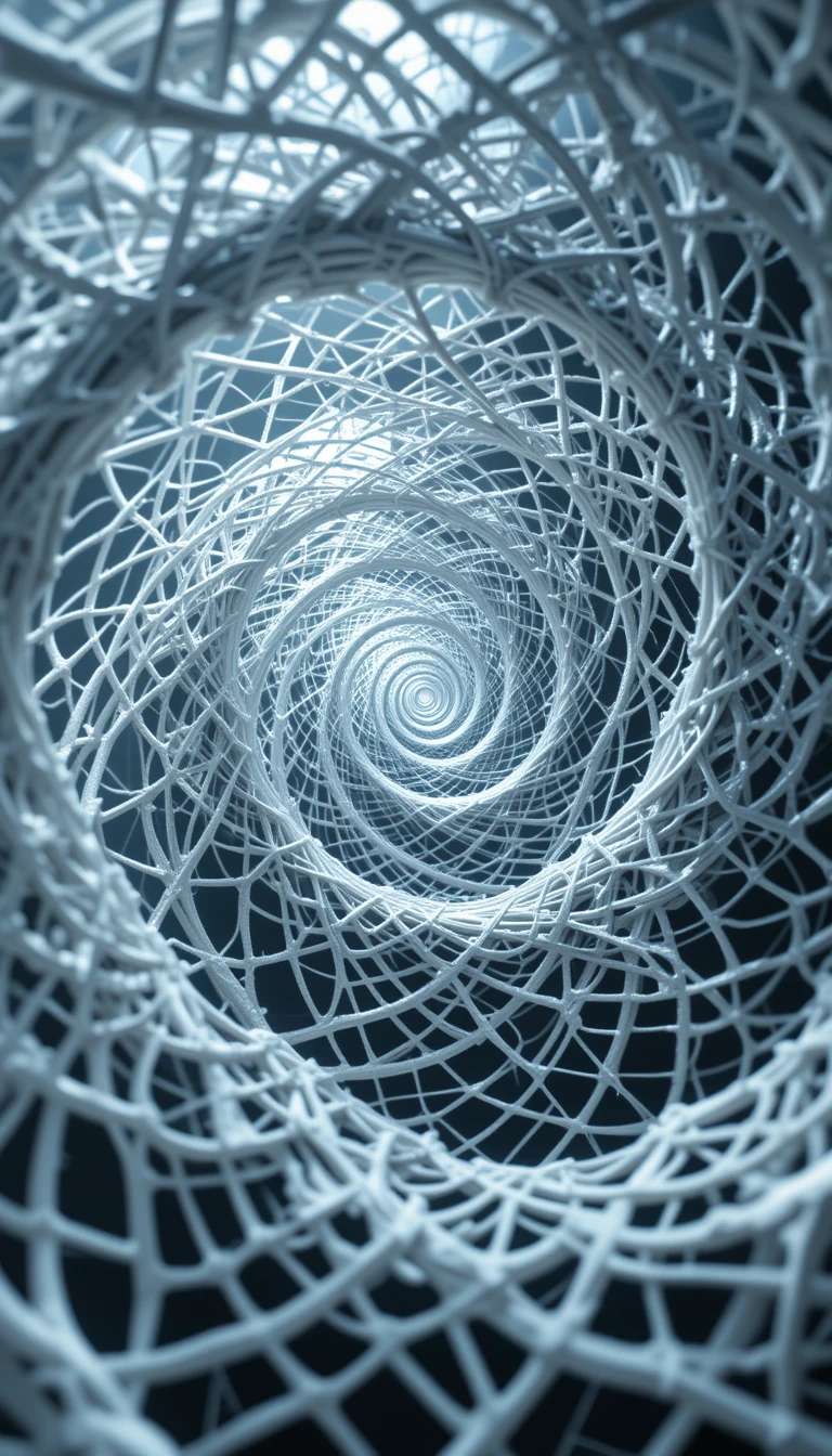 Spiral tunnel made of white wires receding into bright center. — Web PNG