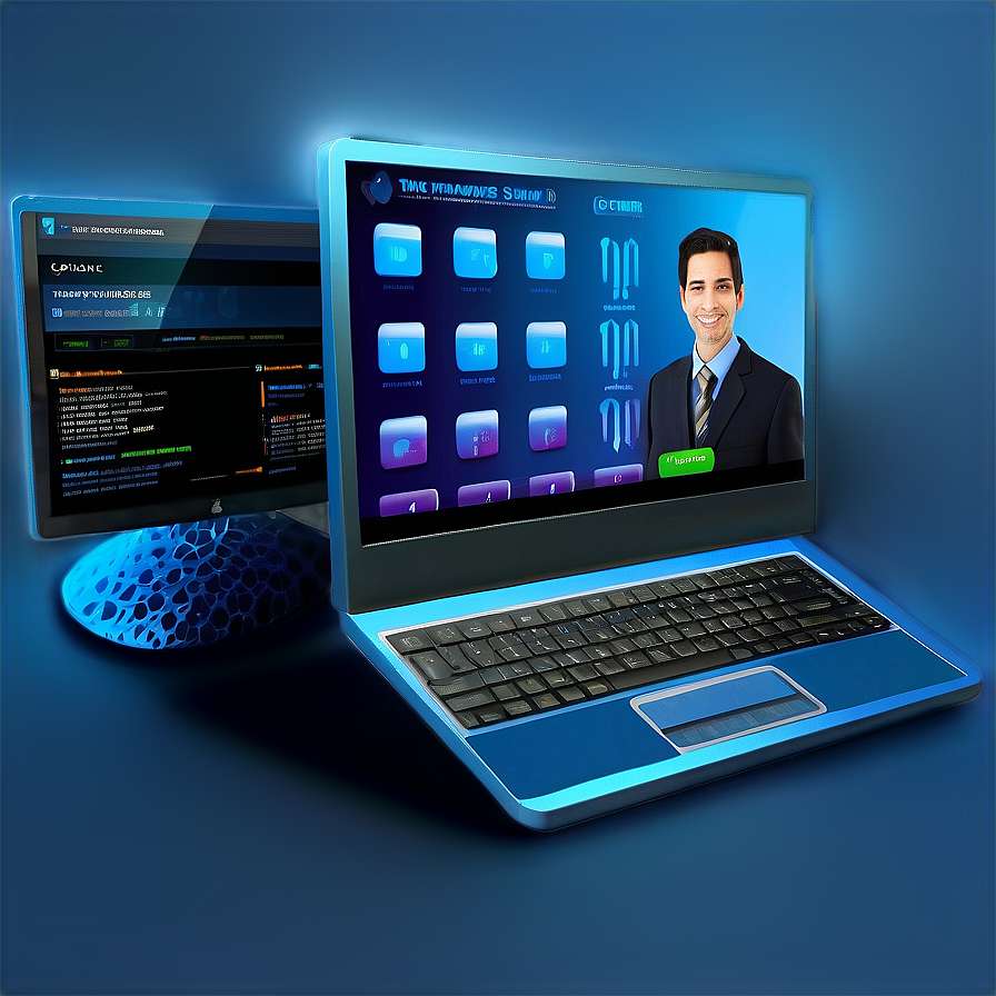Blue laptop and monitor showing futuristic digital interfaces with a smiling businessman avatar. — Website PNG