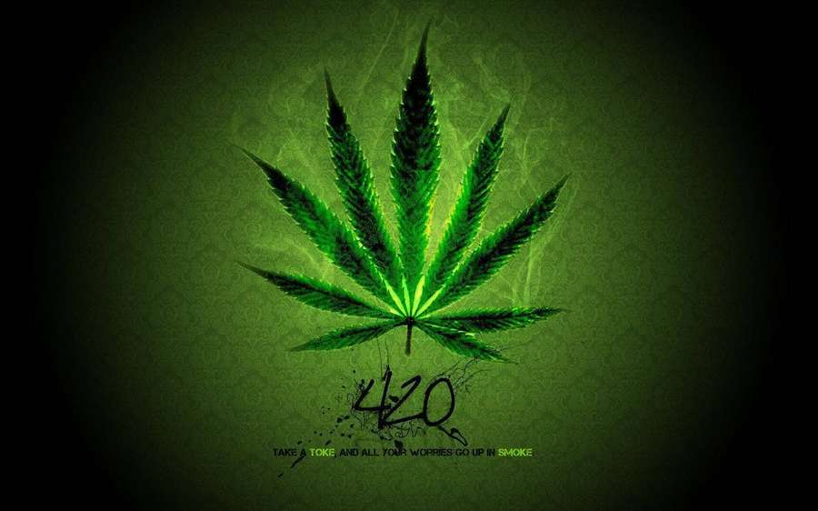 Glowing green cannabis leaf with smoke and graffiti text on dark background. — Weed Background