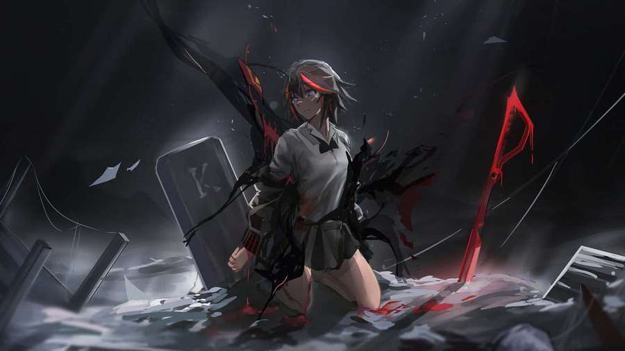 Anime-Mädchen in Schuluniform kniet in zerbrochenem Glas mit roten Spritzern und dunklen Schatten. — Weiblicher Anime Wallpaper