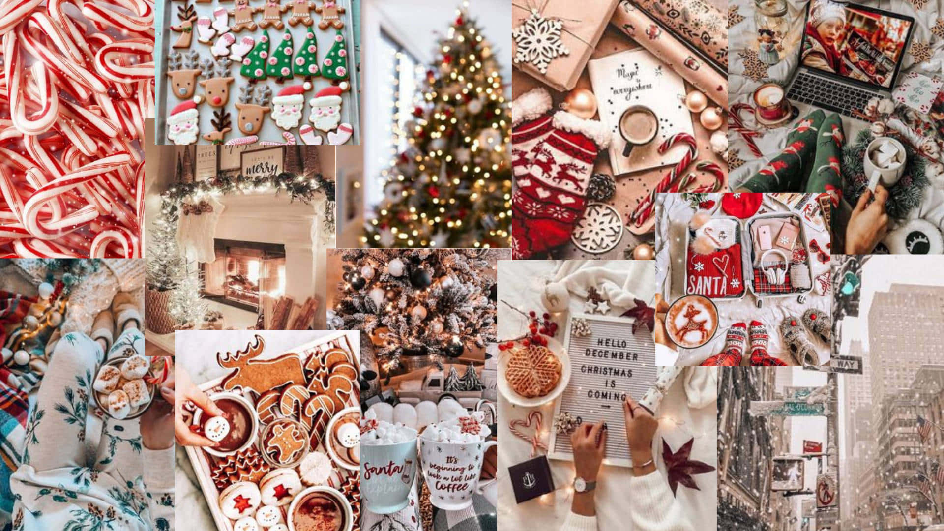 Gemütliches Weihnachtscollage mit Plätzchen, Zuckerstangen und warmer Weihnachtsdekoration. — Weihnachts desktop Wallpaper