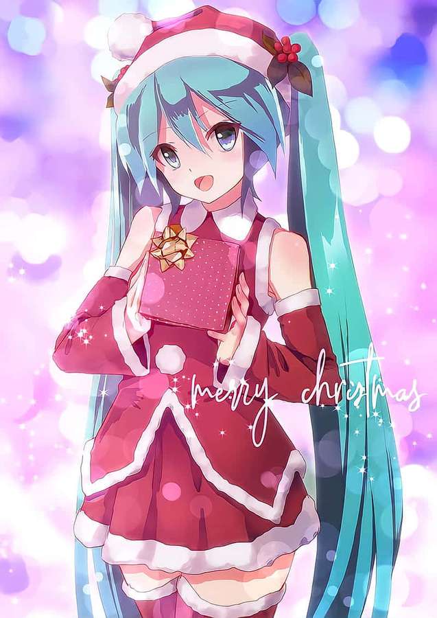 Anime-Figur in Weihnachtskleidung hält Geschenk mit festlichen Funken. — Weihnachtsgeschenke Wallpaper