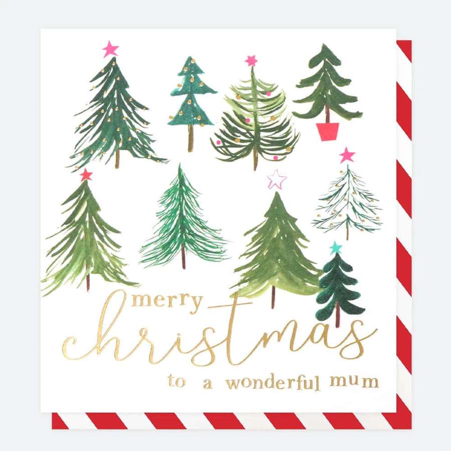 Weihnachtskarte mit illustrierten Bäumen und goldenem Text für eine wundervolle Mama — Weihnachtskarten bilder