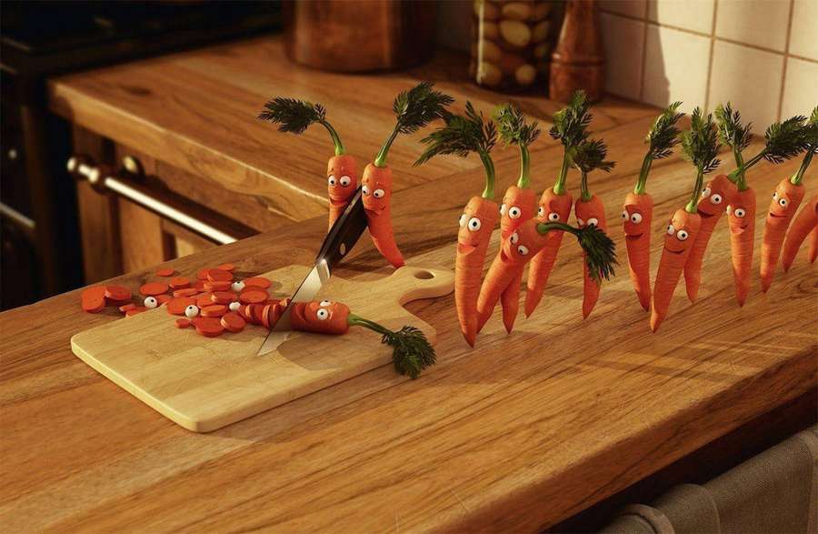 Anthropomorphic carrots with googly eyes being chopped on a wooden cutting board in a kitchen. — Weird Wallpaper