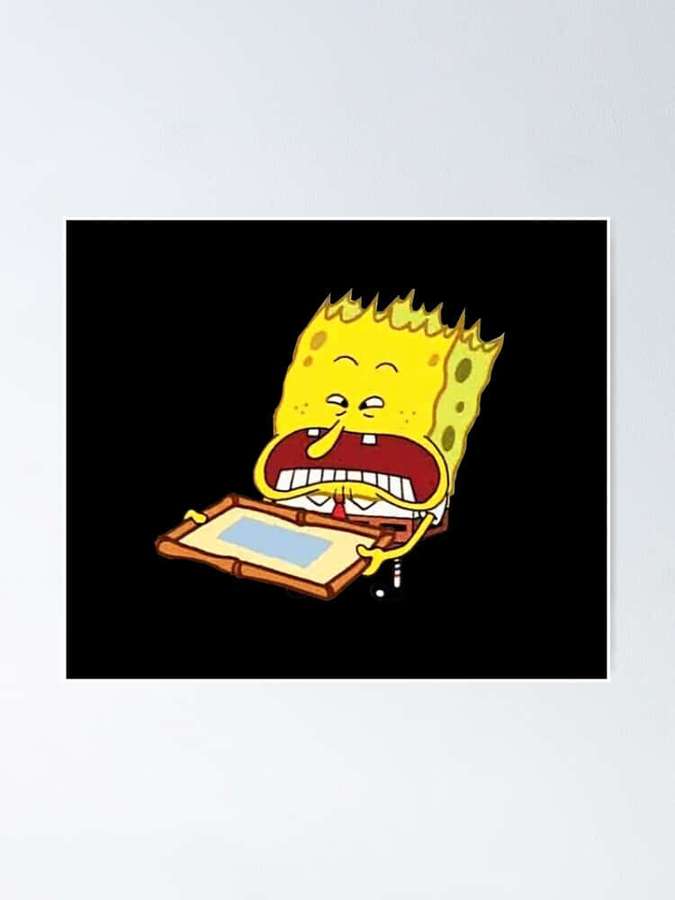 SpongeBob SquarePants screaming while holding a tablet against a black background. — Weird Spongebob Picture
