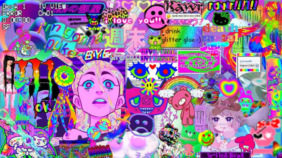 Vibrant digital collage with anime characters, neon text, and surreal pop culture elements. — Weirdcore Background