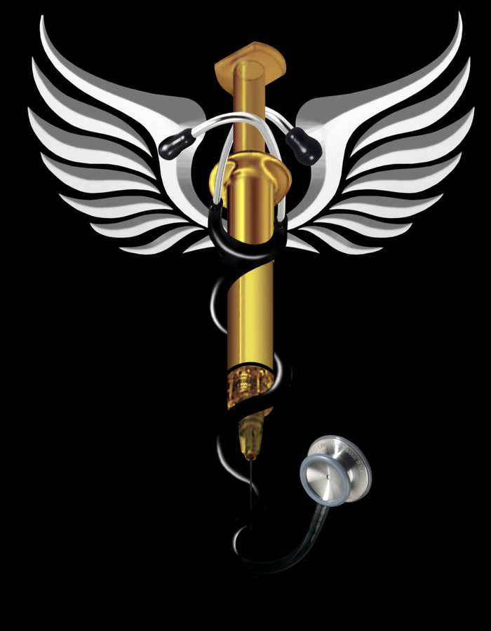 Golden syringe with white wings and stethoscope symbolizing medical care. — Wellness Wallpaper
