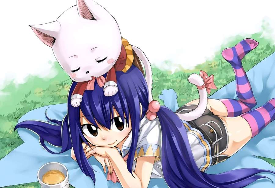 Chica anime de pelo azul y un gato blanco en la cabeza relajándose en el césped. — Wendy Marvell Fondos de pantalla